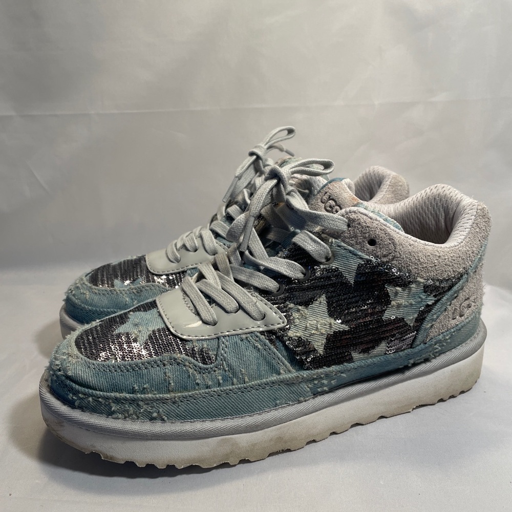 Ugg Australia sneaker boots lace up chukka style light blue denim sequins